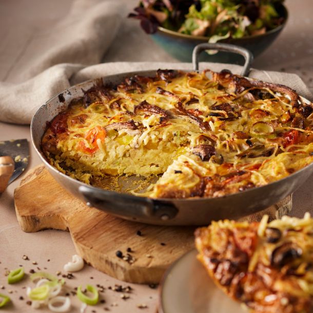 Spaghetti - frittata met verborgen groenten, paddenstoelen & polderhoenderdijfilet