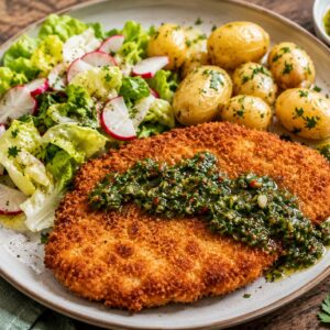 Schnitzels met chimichurri, botersla met radijs & krieltjes in de schil
