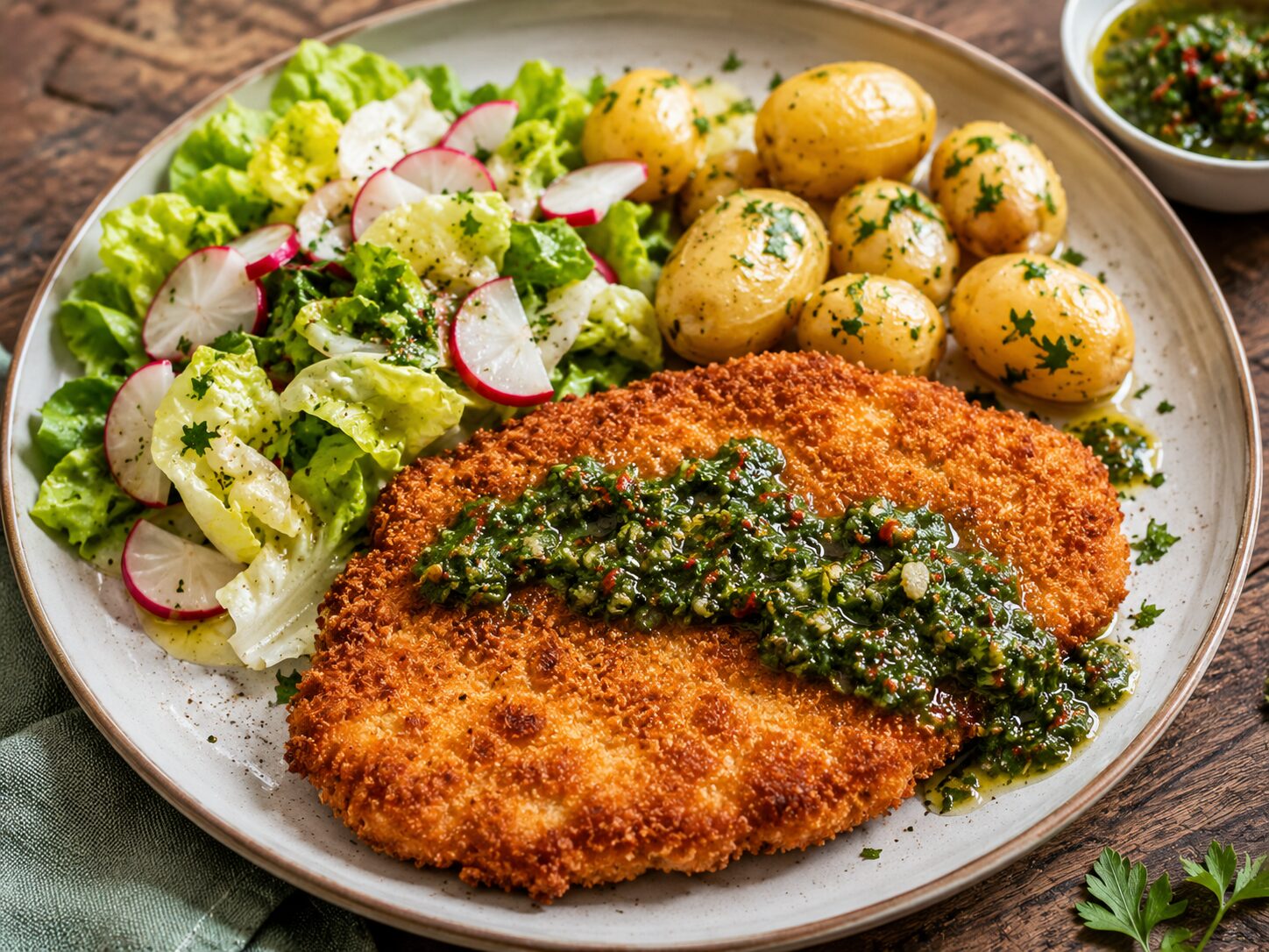 Schnitzels met chimichurri, botersla met radijs & krieltjes in de schil