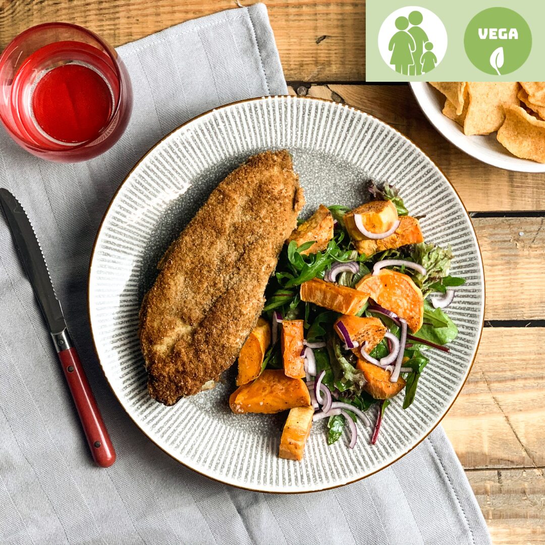 Krokante aubergine met teriyakisaus en zoete aardappel